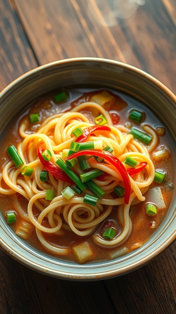 A bowl of Knorr noodles with mixed vegetables and green onions on a wooden table.
